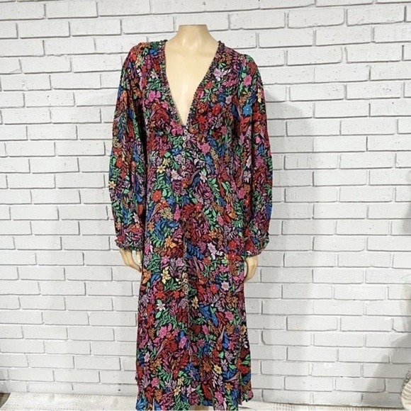 FARM Rio Dresses & Skirts - Farm Rio Black Mixed Prints Floral Birds Midi Dress V-Neck Balloon Sleeve Size L